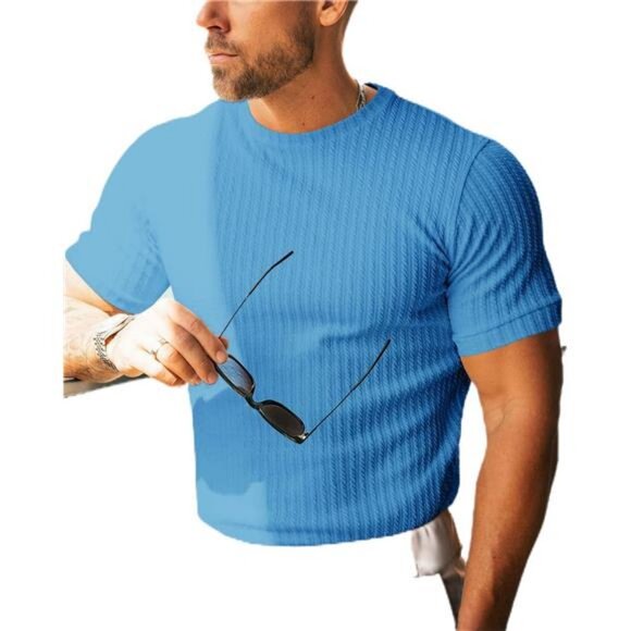 Men's Ribbed Knit T Shirts Short Sleeve Crew Neck Slim Fit Stretchy Muscle Shirt - Picture 1 of 4